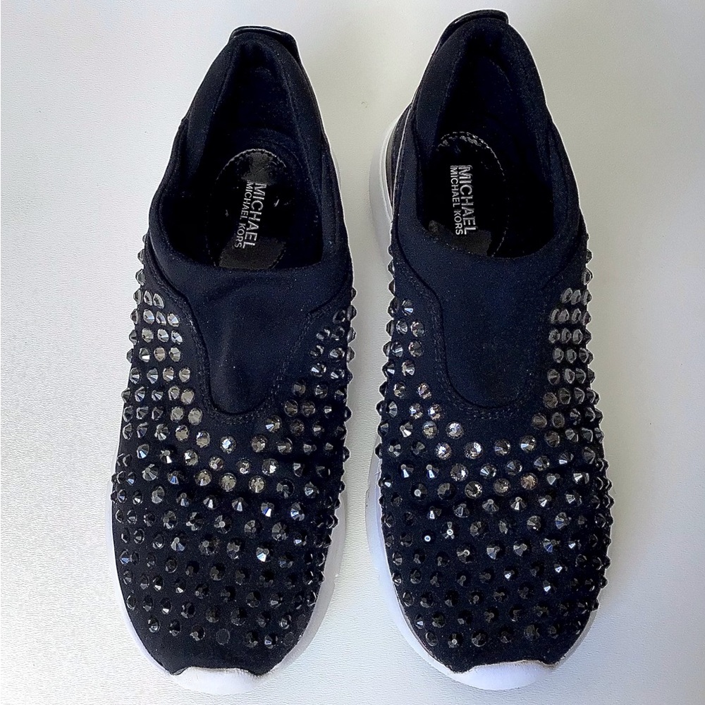 MICHAEL KORS ACE TRAINER SNEAKER SHOES BLACK RHINESTONE SIZE 6.5 SLIP ON